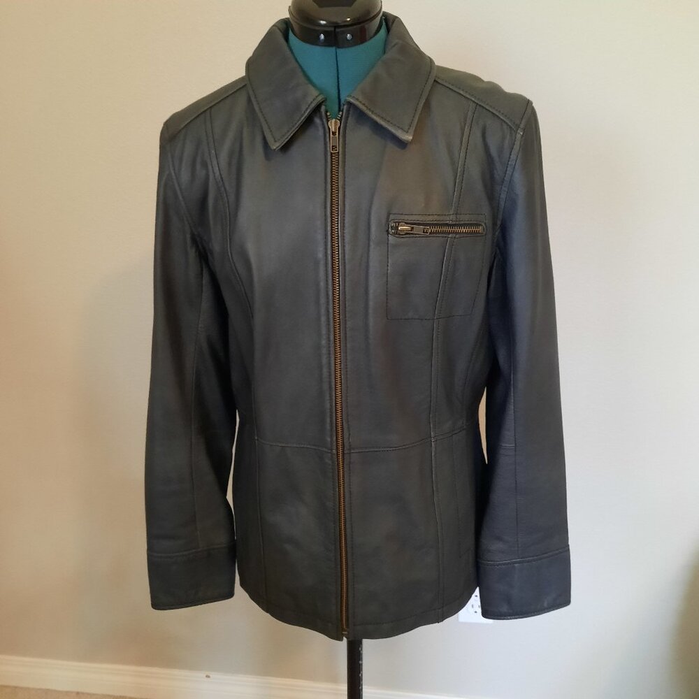 i.e. Relaxed Genuine Leather Jacket in Gray, Size M